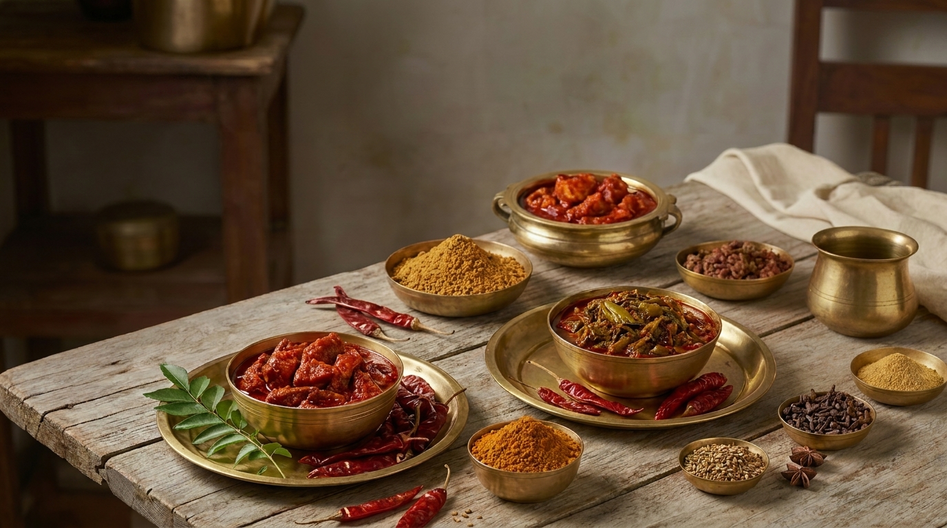 Brass bowls of Andhra pickles, spice powders, dried red chilies and whole spices on a rustic wooden table